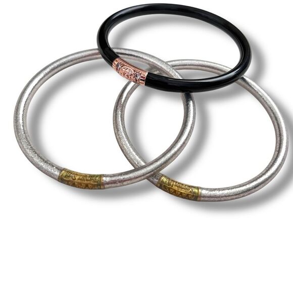 Budhagirl All Weather Silver Black Three Kings Bangle Bracelets - Picture 3 of 7